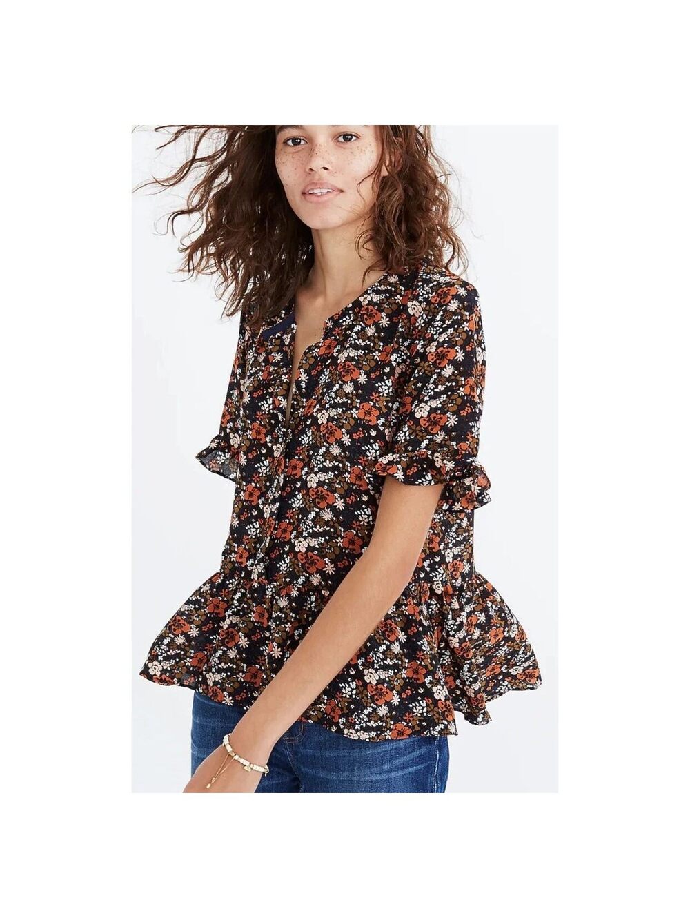 Madewell Size S 100% Silk Floral Peplum Top Blouse Black Rust Orange Olive Fall